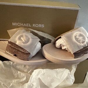 Michael Kors Women Rosegold Logo Slide Sandals with Metallic Accents